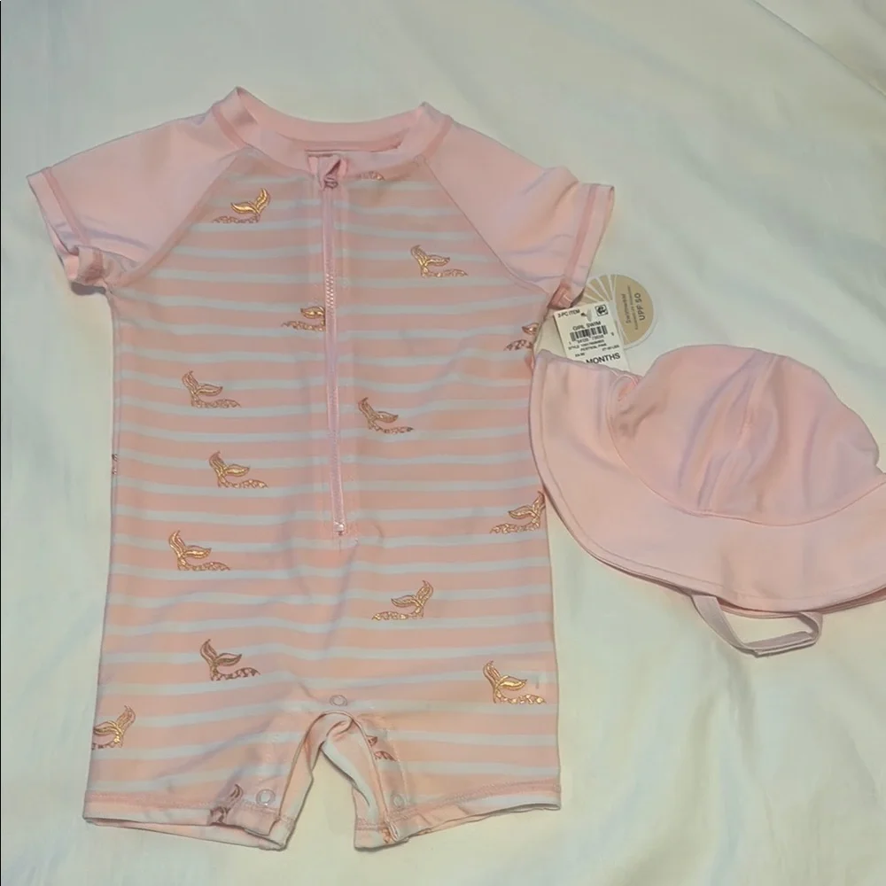 First Impressions Pink and White Striped Rashguard Set